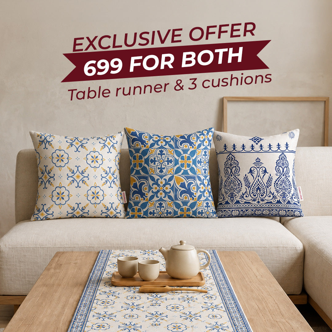 Greek Chic Living Room Bundle – 1 Table Runner & 3 Cushion Covers