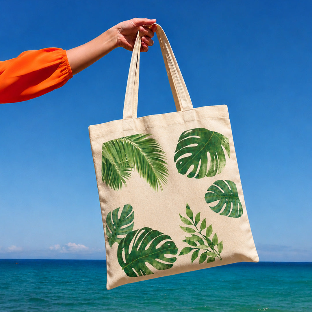 Botanical Monstera & Palm Leaves Canvas Tote Bag