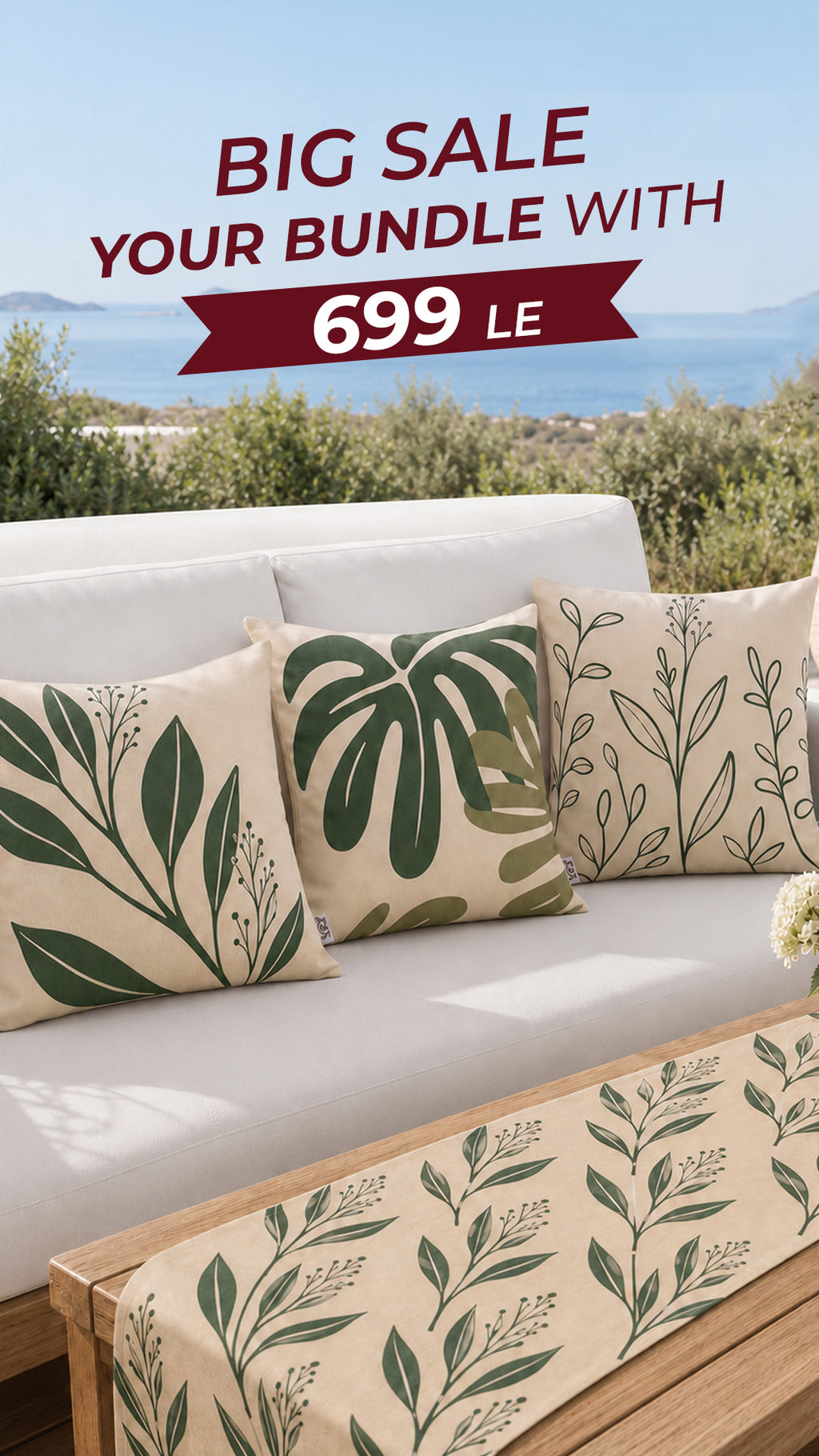 Green Leaves Table Runner & 3 Cushions Bundle