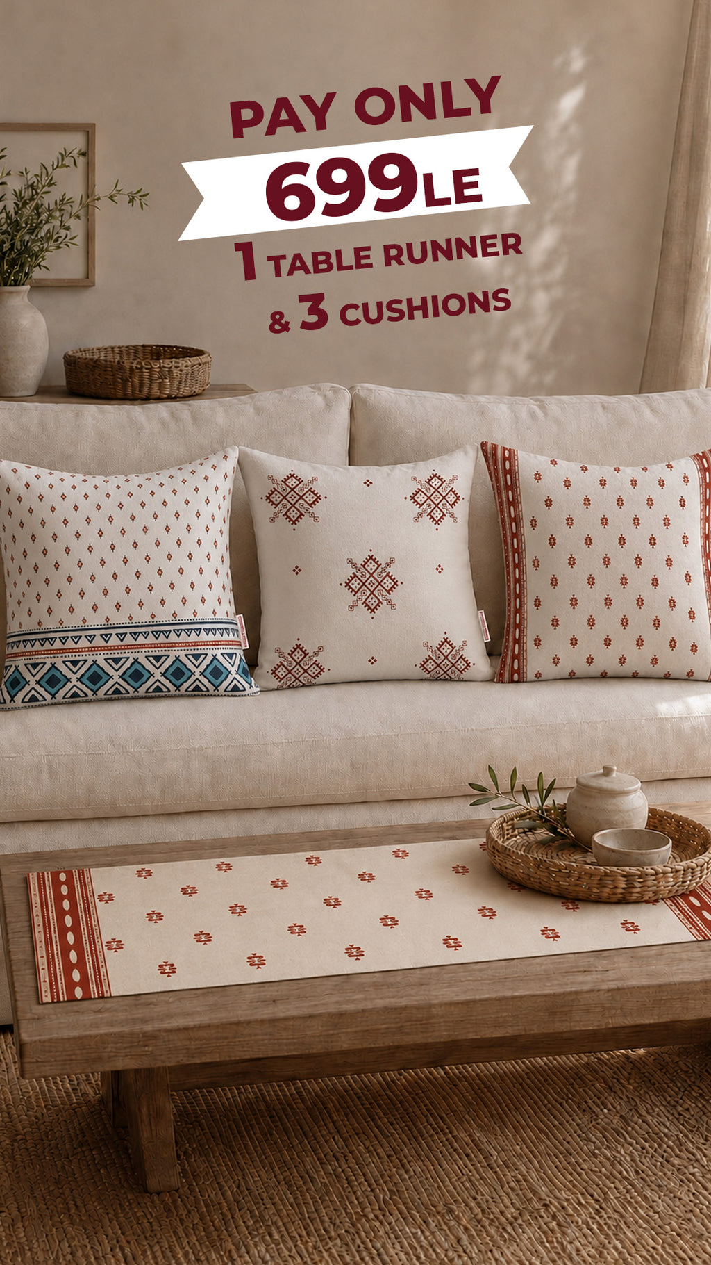 Boho Chic Living Room Bundle – 1 Table Runner & 3 Cushion Covers