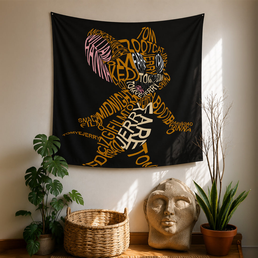 Retro Cat and Mouse Typographic Silhouette Tapestry