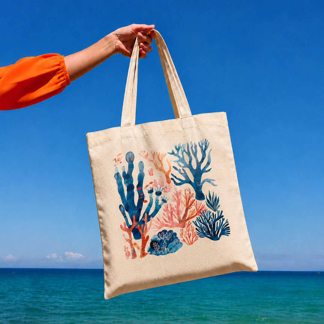 Coral Reef Marine Life Watercolor Tote Bag