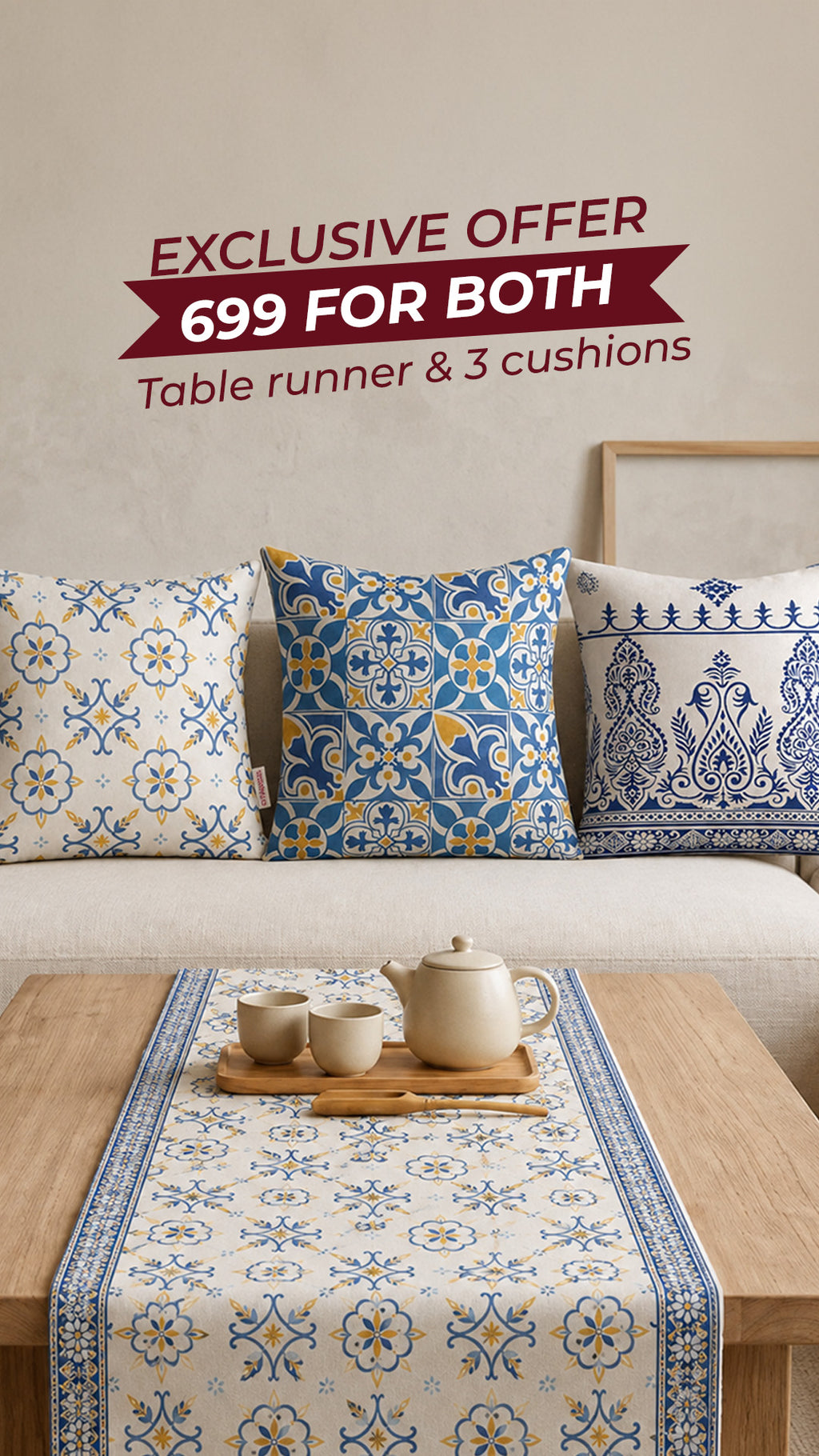 Greek Chic Living Room Bundle – 1 Table Runner & 3 Cushion Covers