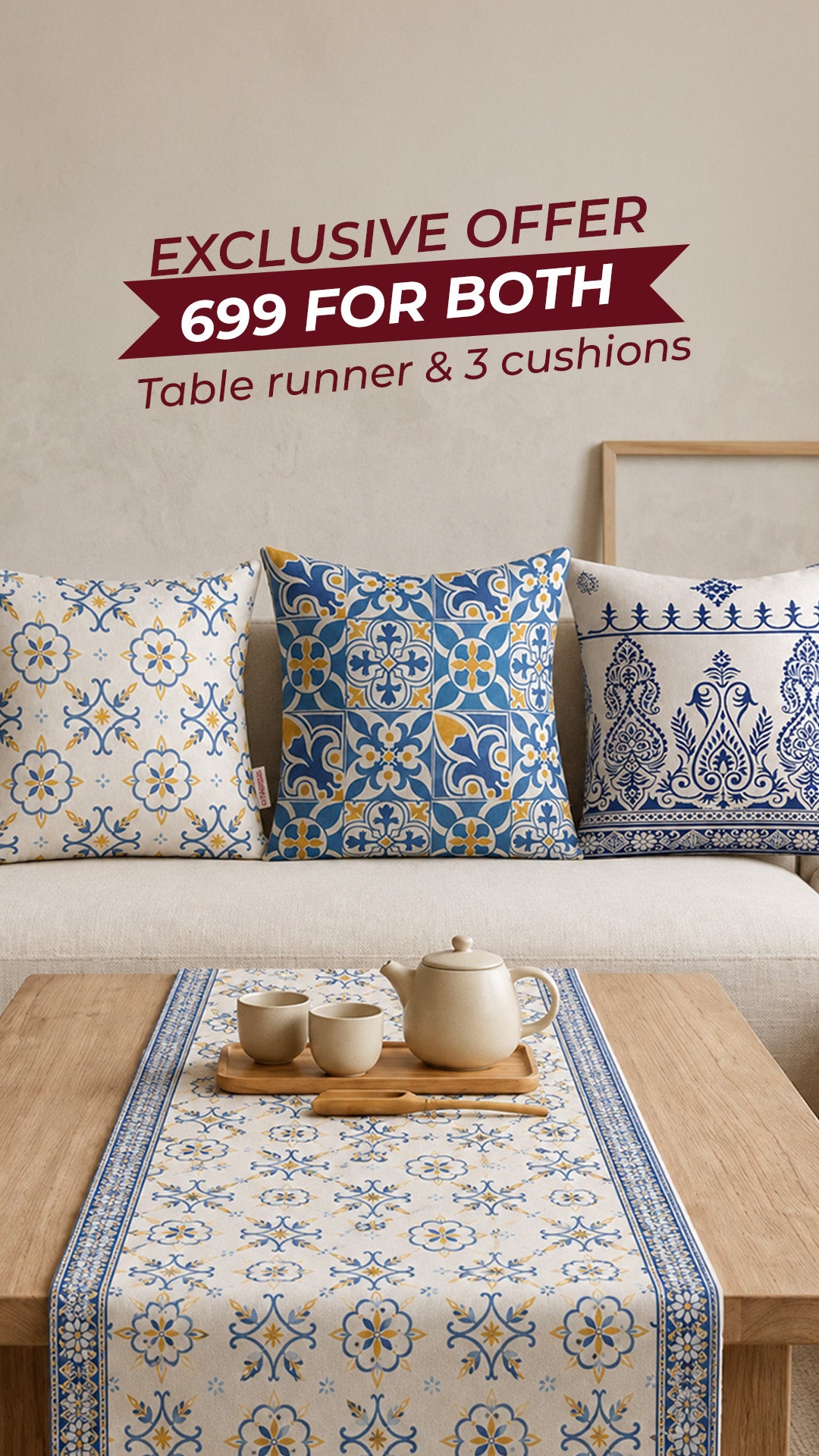 Greek Chic Living Room Bundle – 1 Table Runner & 3 Cushion Covers