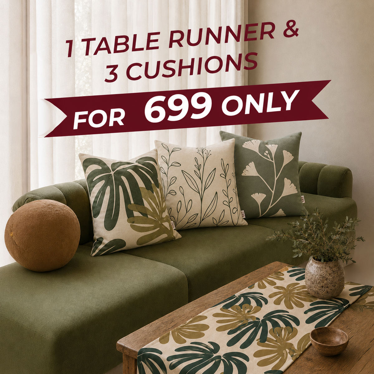 Sage & Forest Green Living Room Bundle – 1 Table Runner & 3 Cushion Covers