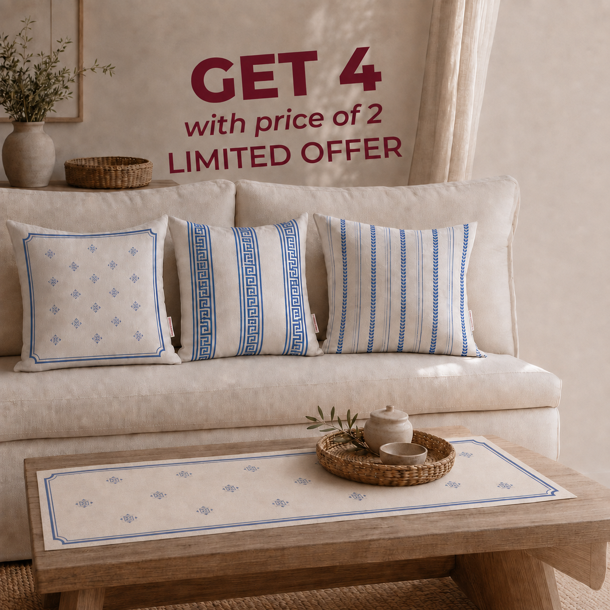 Blue & White Living Room Set – 4-Piece Bundle