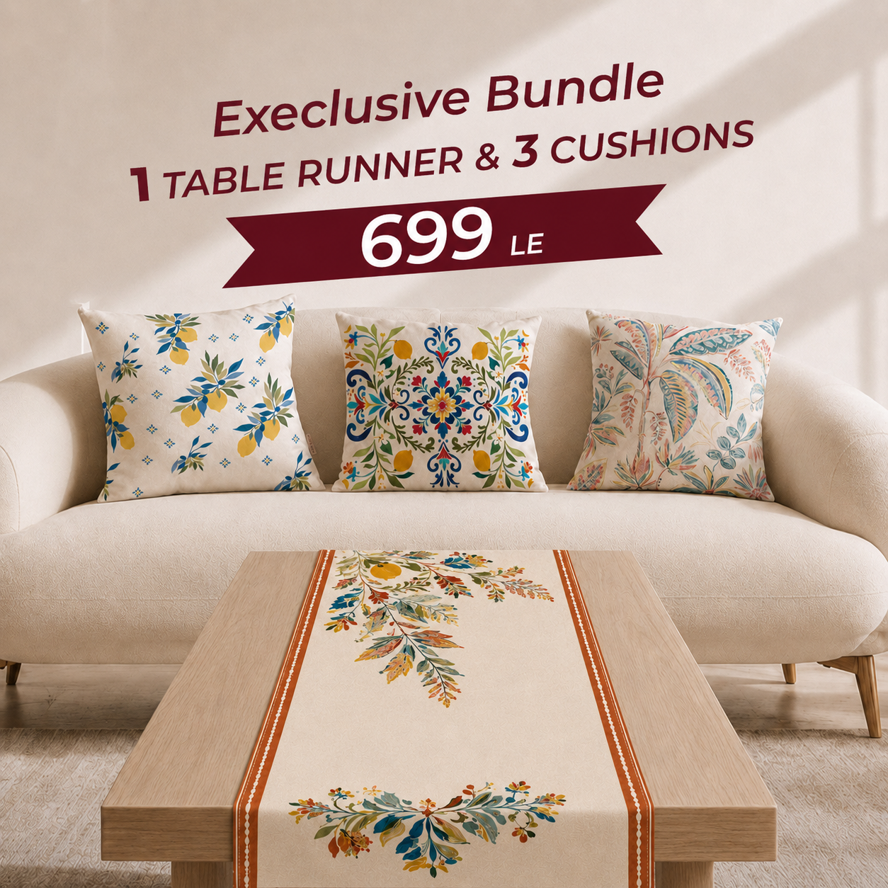 Citrus & Botanical Table Runner & 3-Cushion Decor Bundle