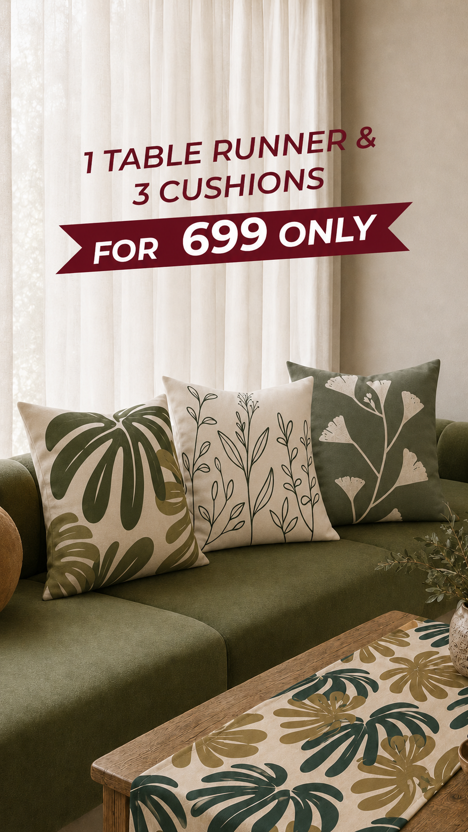 Sage & Forest Green Living Room Bundle – 1 Table Runner & 3 Cushion Covers