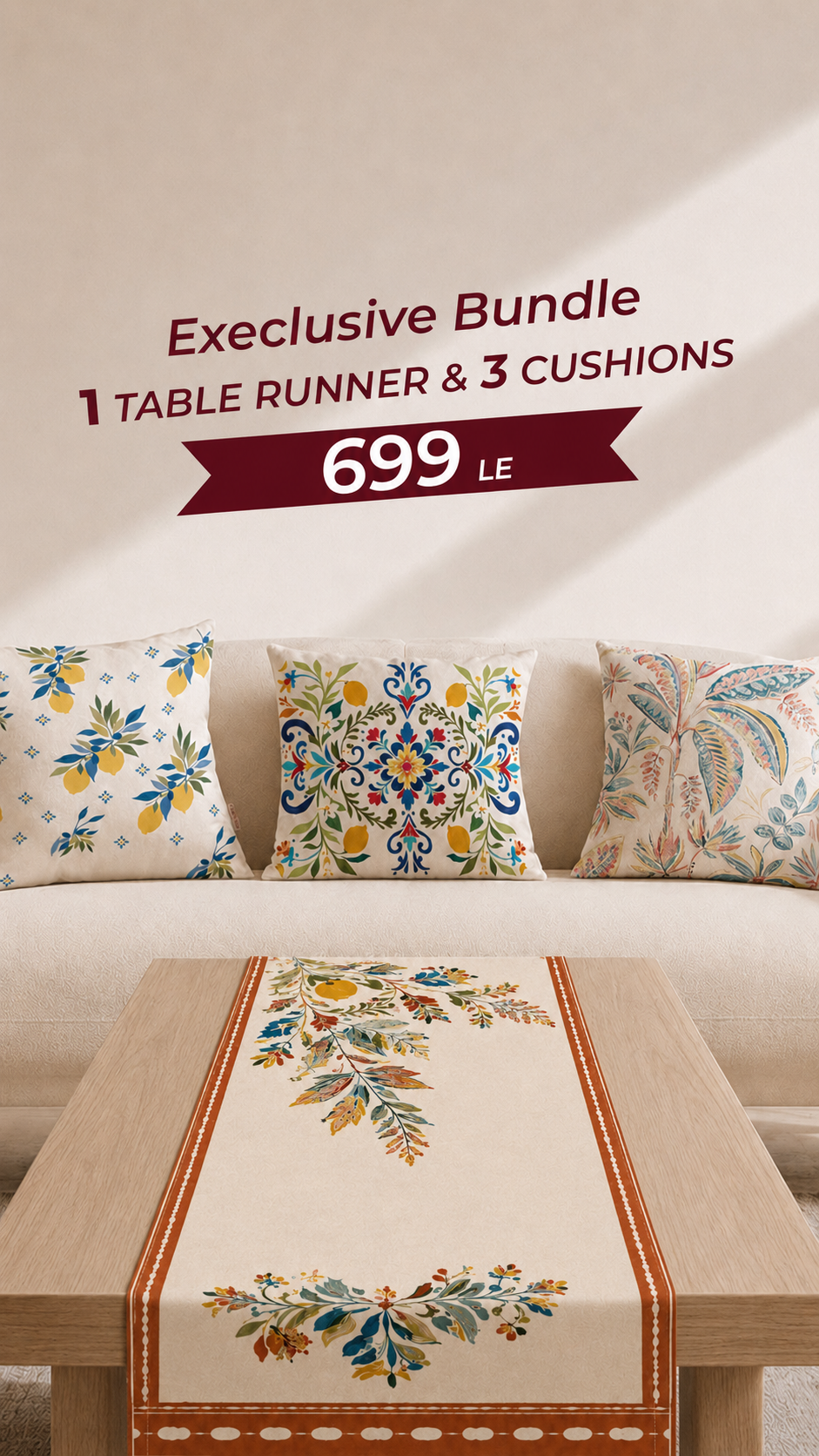 Citrus & Botanical Table Runner & 3-Cushion Decor Bundle