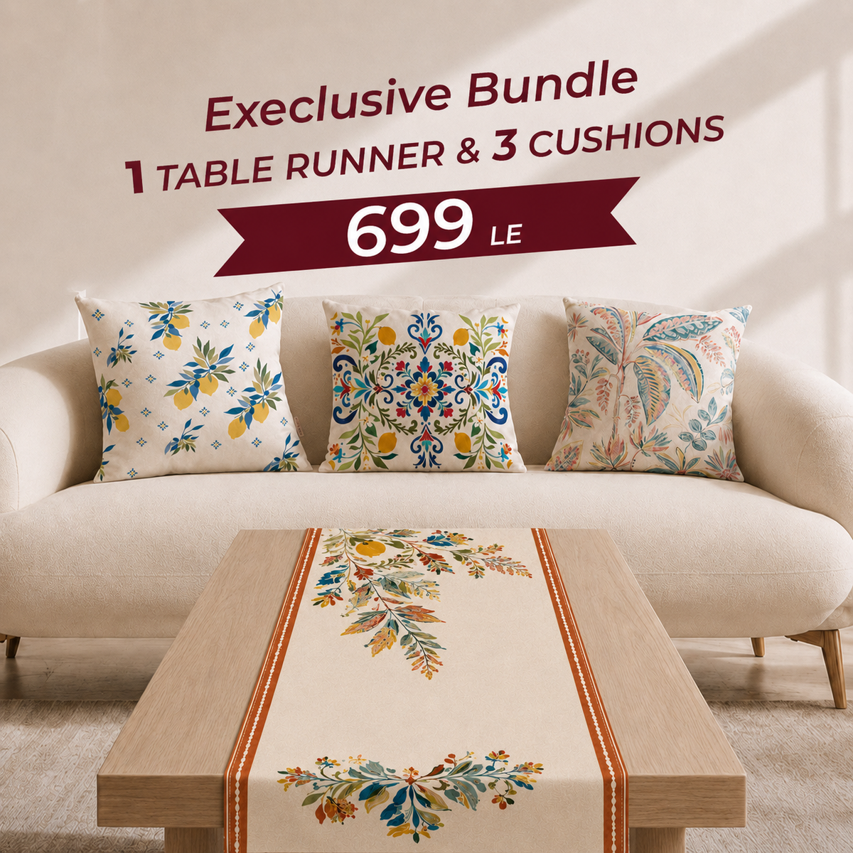 Citrus & Botanical Table Runner & 3-Cushion Decor Bundle