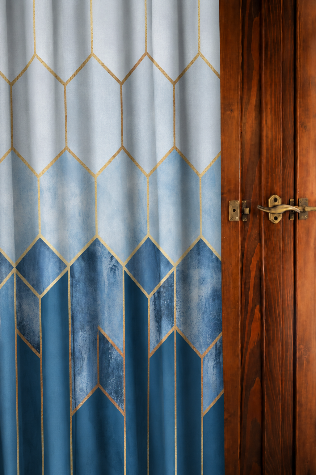 Art Deco Watercolor Geometric Curtain – Teal & Gold