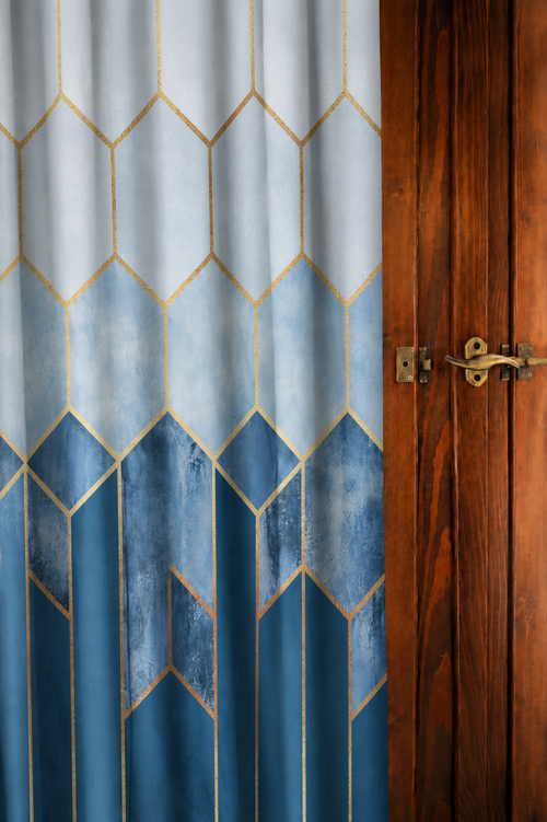 Art Deco Watercolor Geometric Curtain – Teal & Gold