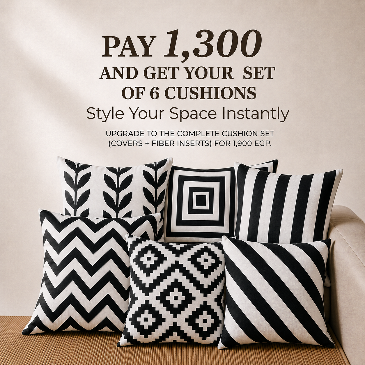 Set of 6 black and white cushions