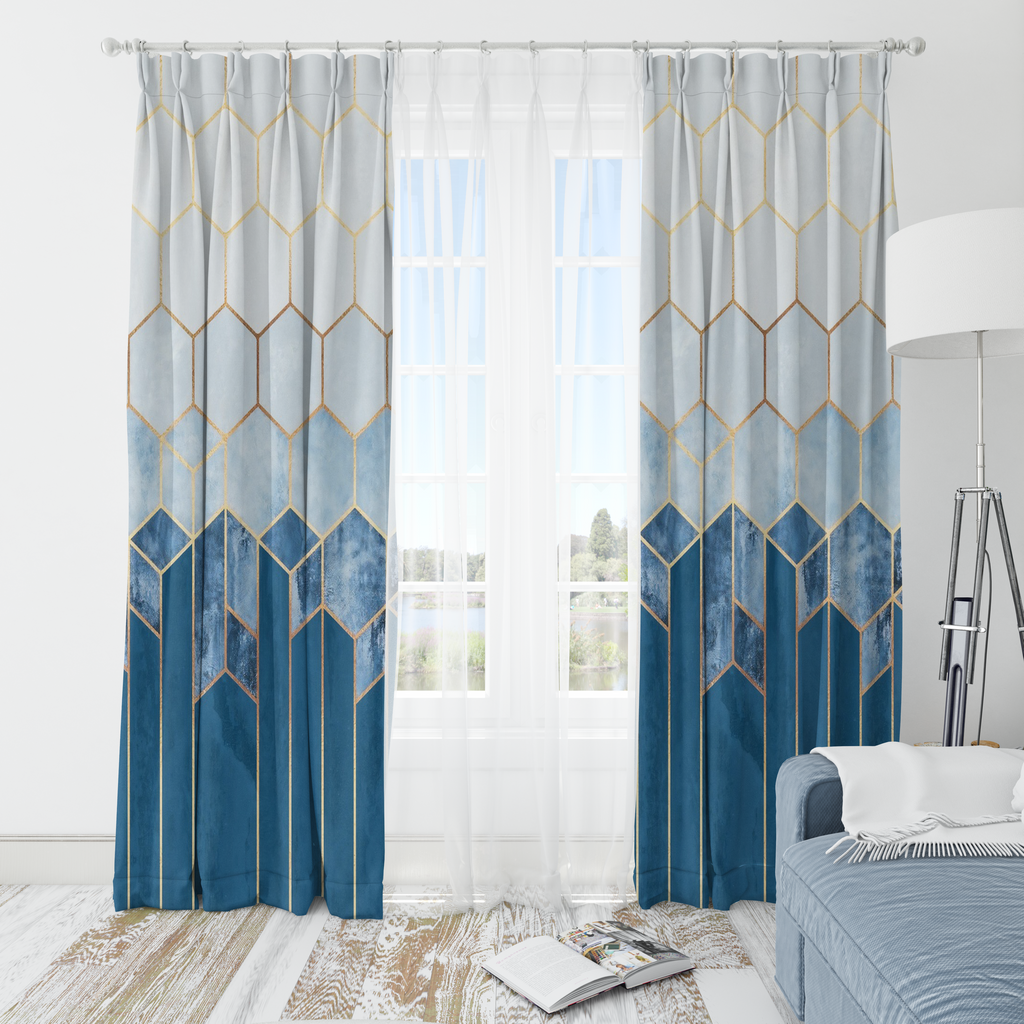 Art Deco Watercolor Geometric Curtain – Teal & Gold