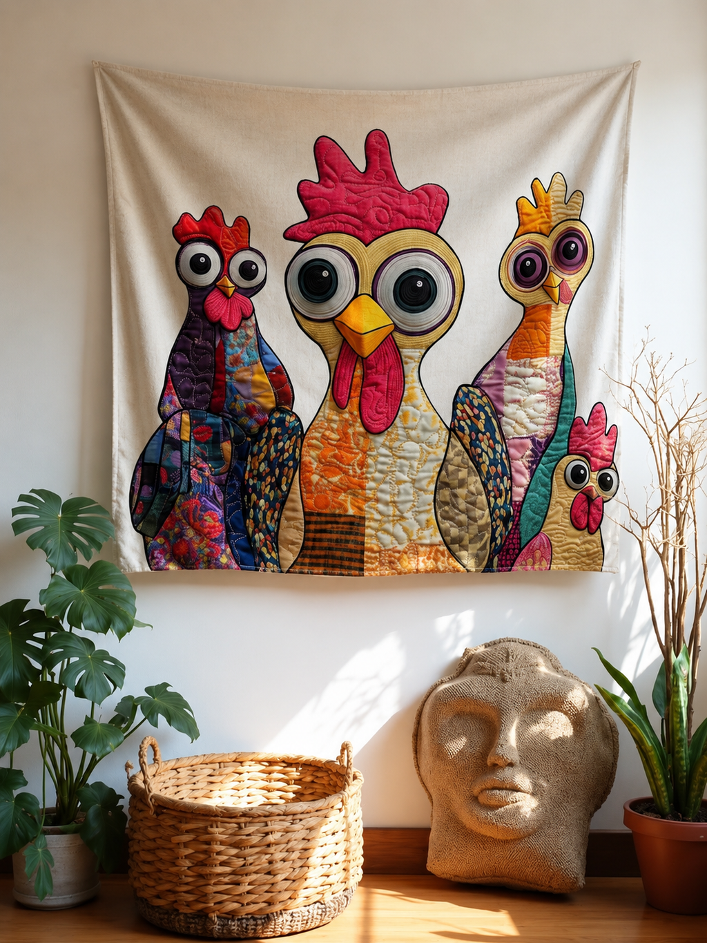 Rustic Quilted Folk-Art Chickens Tapestry