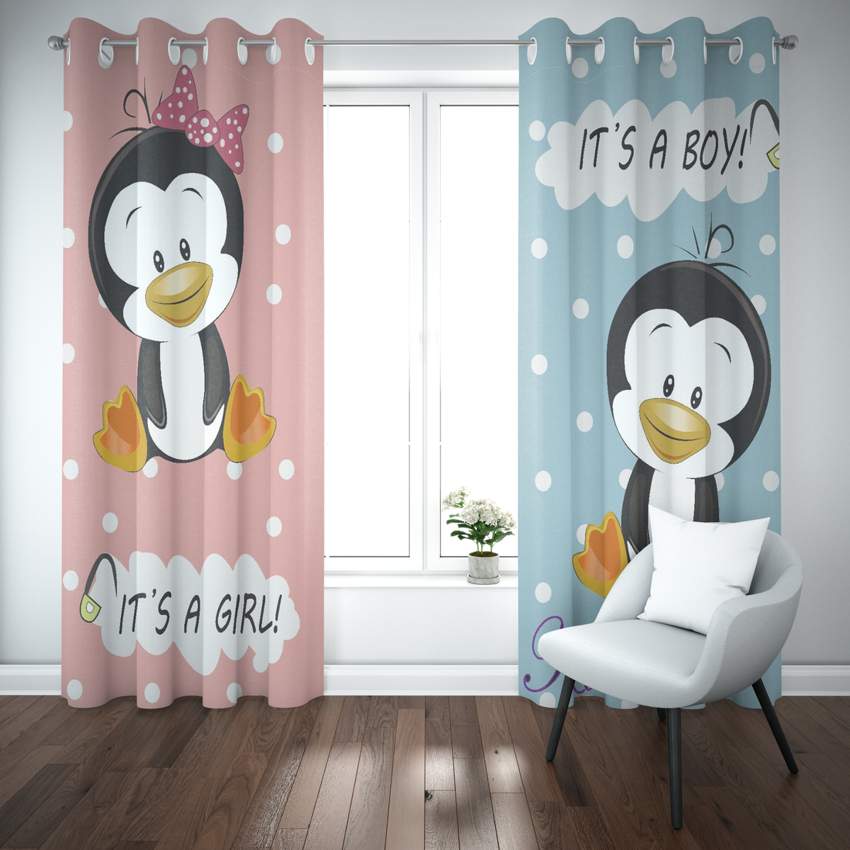 Pastel Pink & Blue Twin Penguin Curtain