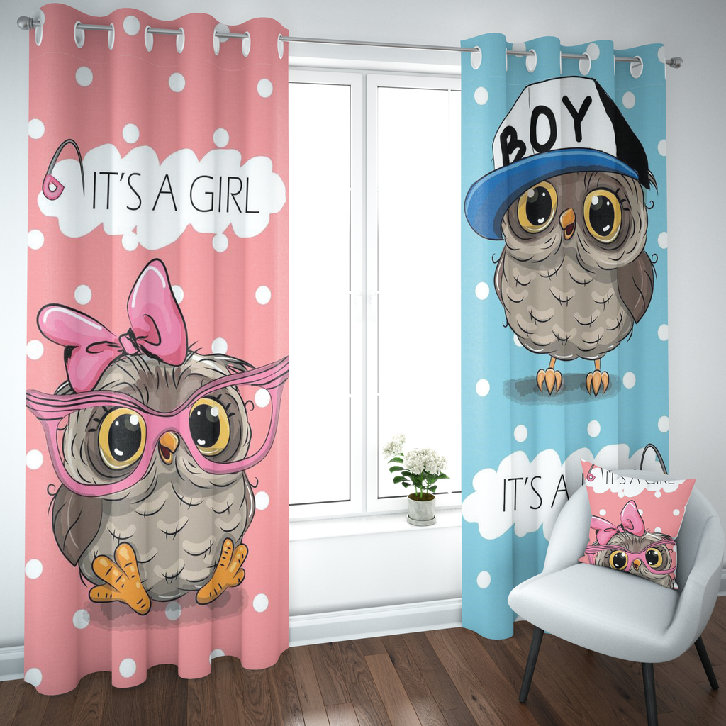 Pastel Pink & Blue Twin Owls Curtain