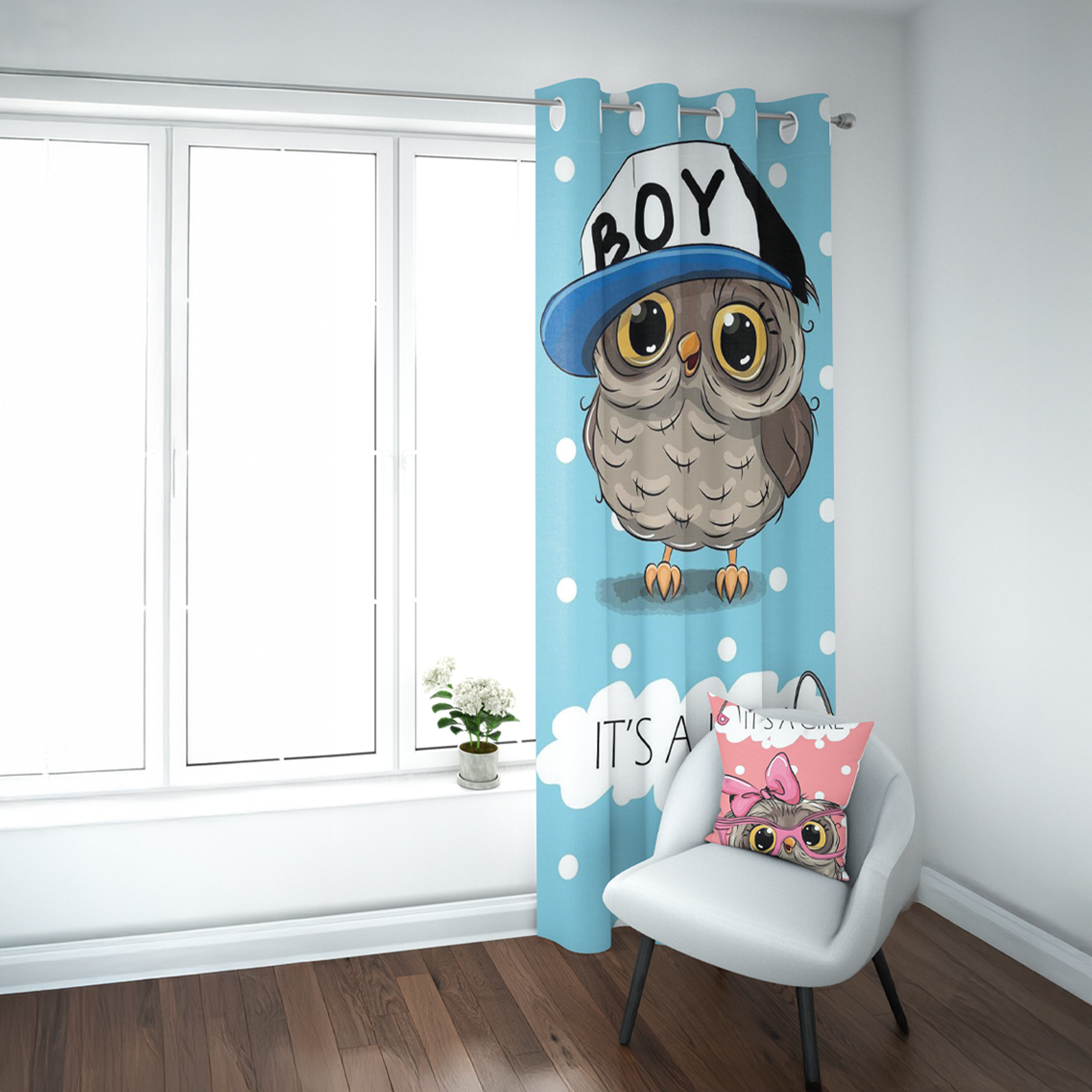 Pastel Pink & Blue Twin Owls Curtain