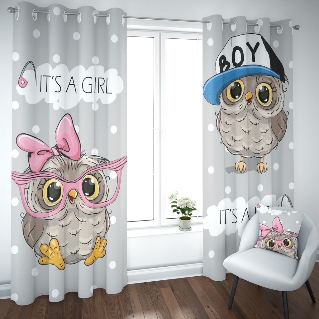 Minimalist Gray Little Owls Curtain
