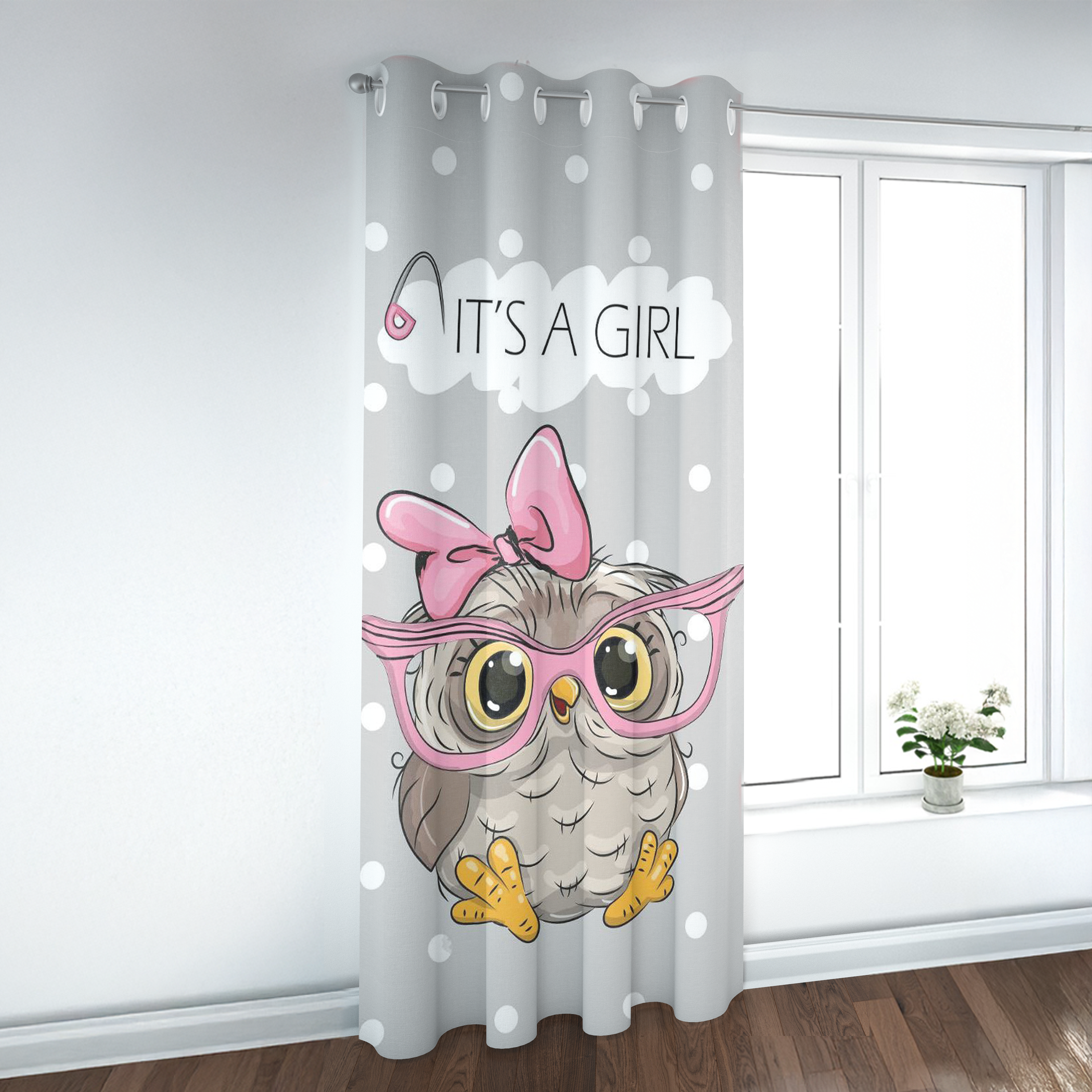 Minimalist Gray Little Owls Curtain