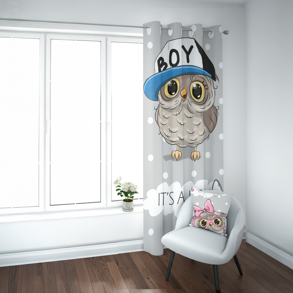 Minimalist Gray Little Owls Curtain