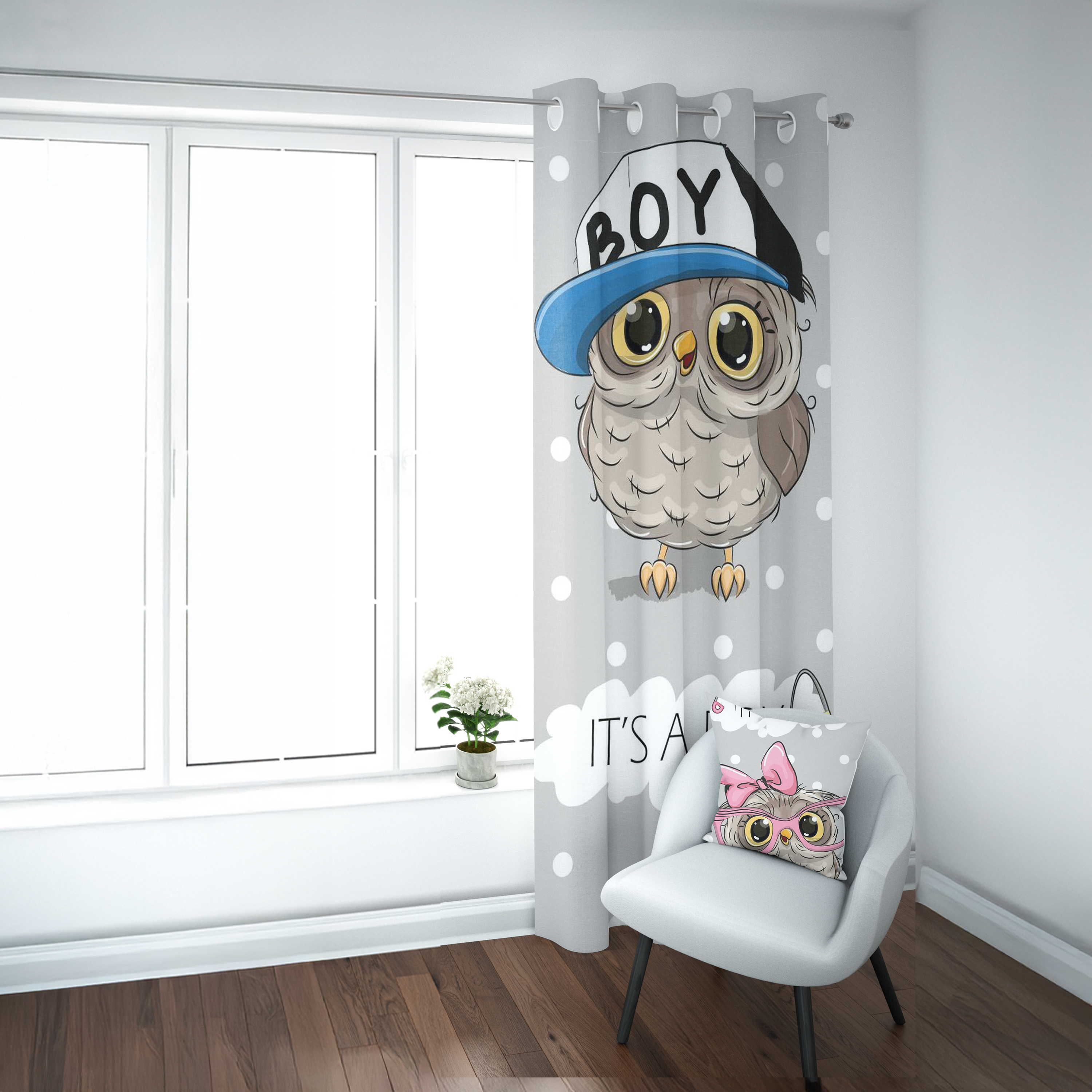 Minimalist Gray Little Owls Curtain