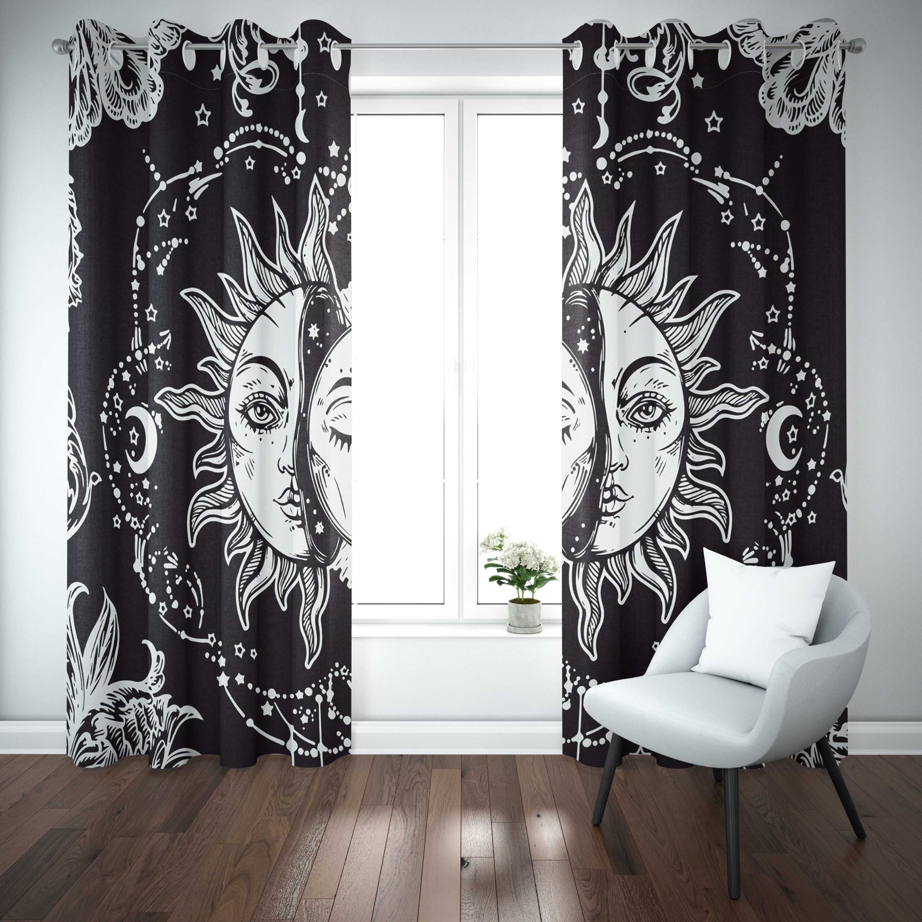 Celestial Sun & Moon Gothic Curtain – Monochrome