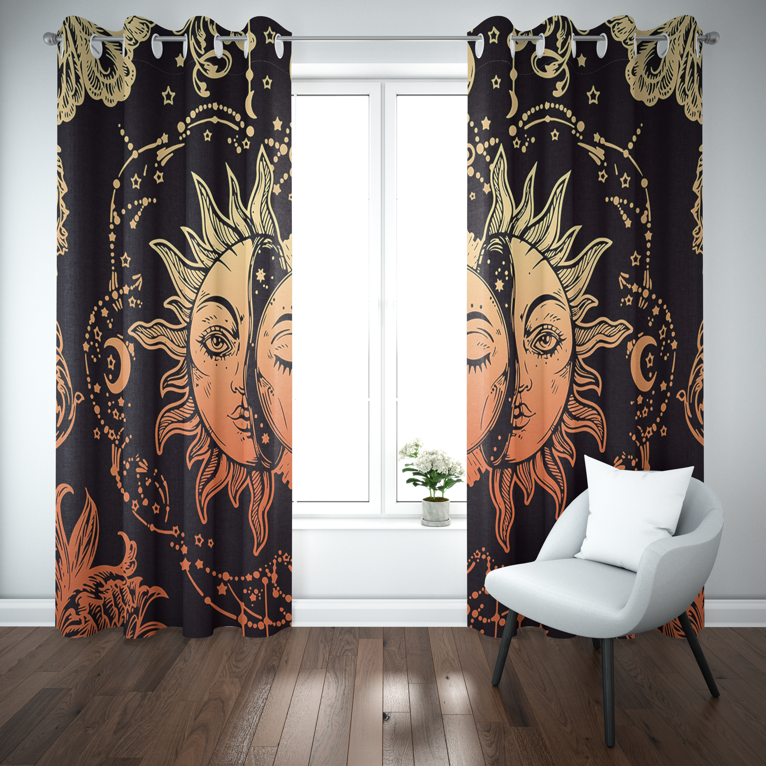 Mystical Celestial Sun & Moon Curtain – Gold & Amber