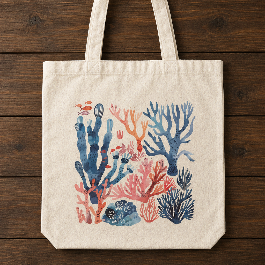 Coral Reef Marine Life Watercolor Tote Bag