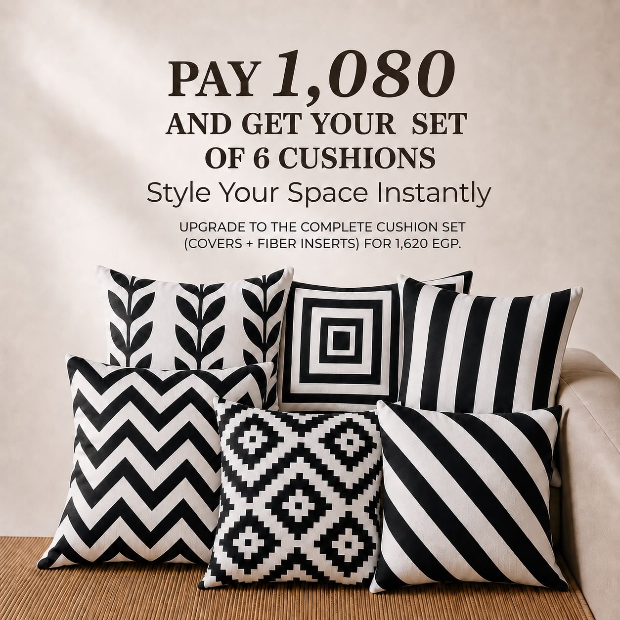 Set of 6 black and white cushions